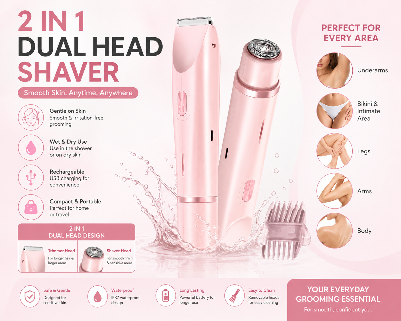 2-in-1 Electric Shaver for Women – Waterproof Body, Underarm & Bikini Trimmer