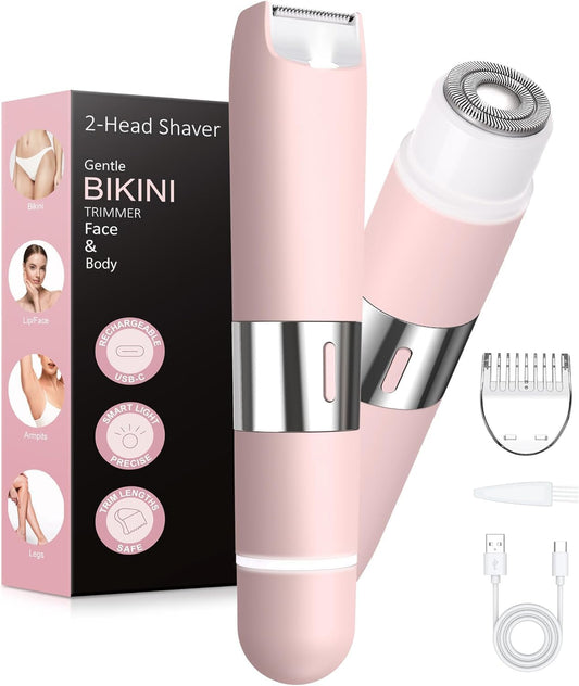 Bikini Trimmer Women 2-in-1 Facial Hair Remover for Women,USB-C Razors Woman,Dual Head Shaver Women with Smart Light for Intimate,Lady Shavers for Woman Pubic Hair for Lip Underarm Body,Travel Lock