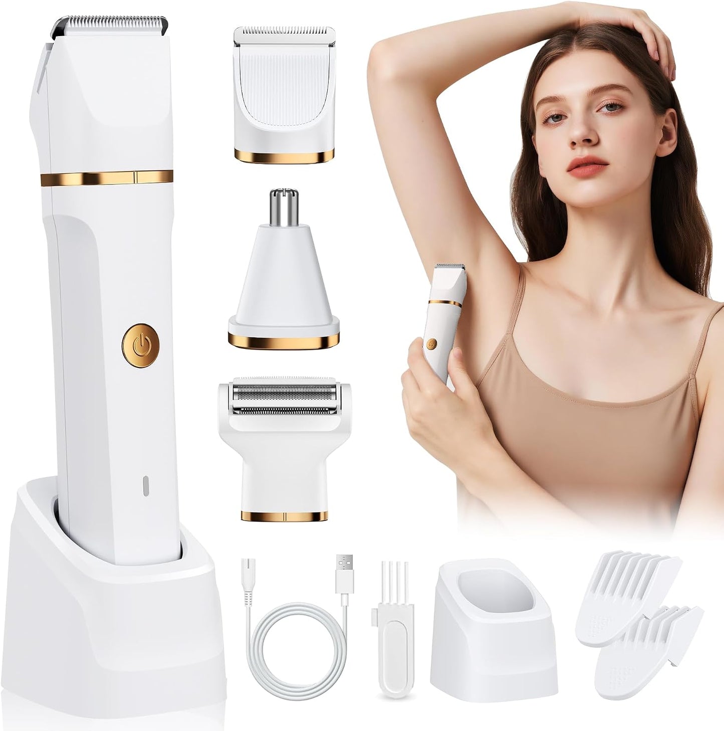 Lady Shavers for Women 3-in-1,Bikini Trimmer Woman IPX7 Waterproof,Nose Trimmer Rechargeable,Pubic Hair Trimmer for Women Wet and Dry,Painless Electric Foil Shaver for Body,Arms Legs Underarms, White